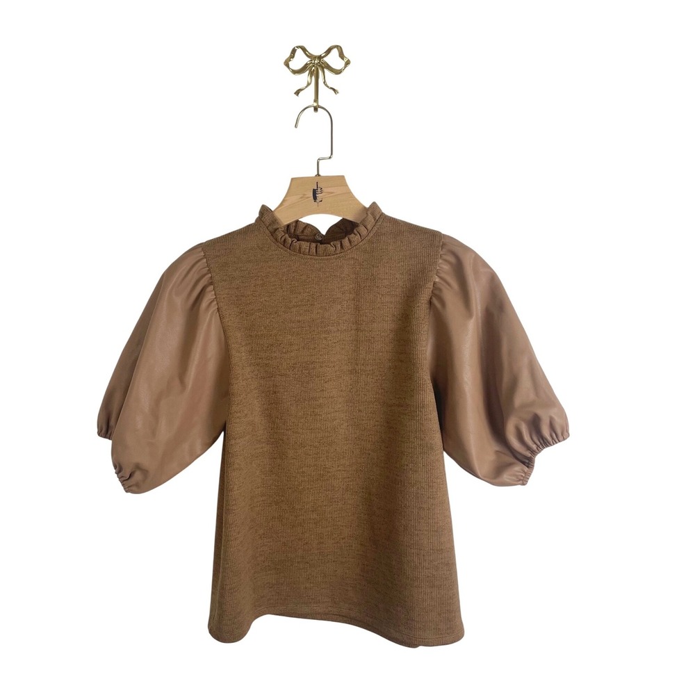 THML Brown Ruffle Neck Ribbed Knit Faux Leather Puff Sleeve Top Small